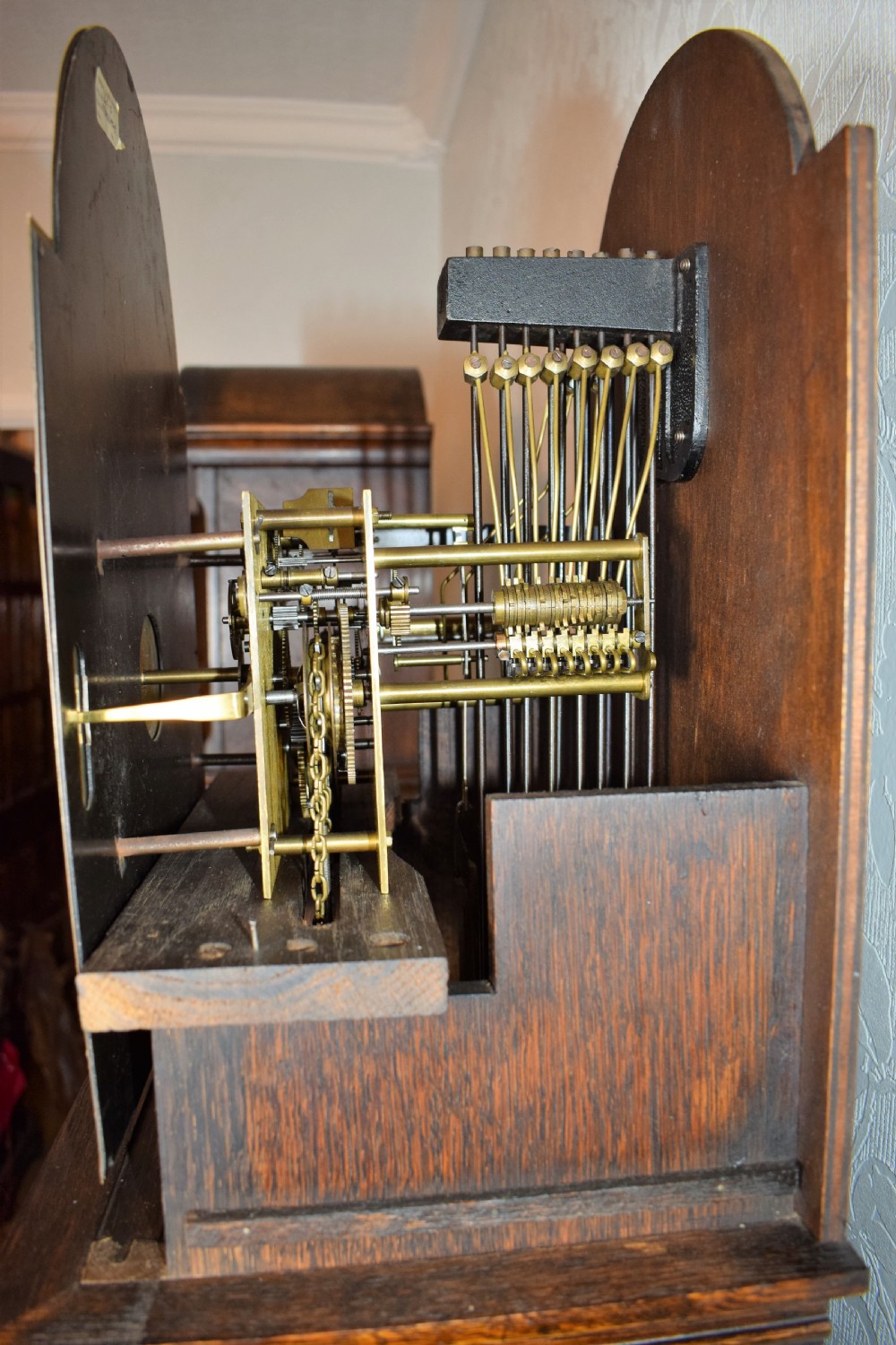 English Triple Weight Two Tune (Westminster/Whittington/Silent) Glass Fronted Oak Grandmother or Small Grandfather Musical Longcase Clock View V