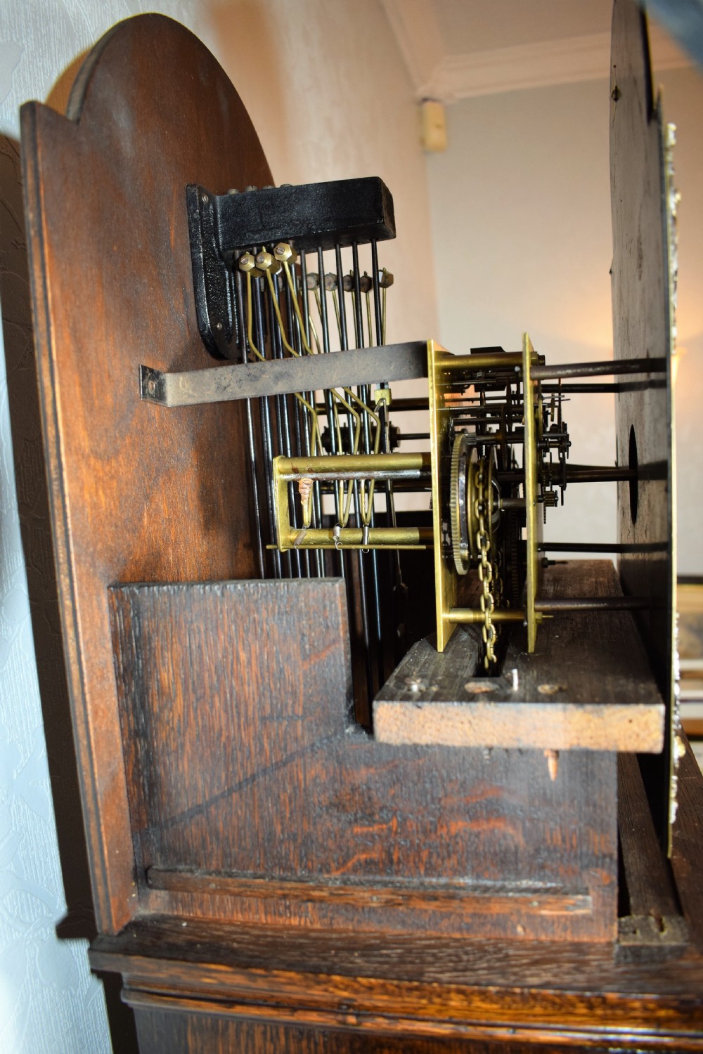 English Triple Weight Two Tune (Westminster/Whittington/Silent) Glass Fronted Oak Grandmother or Small Grandfather Musical Longcase Clock View VI