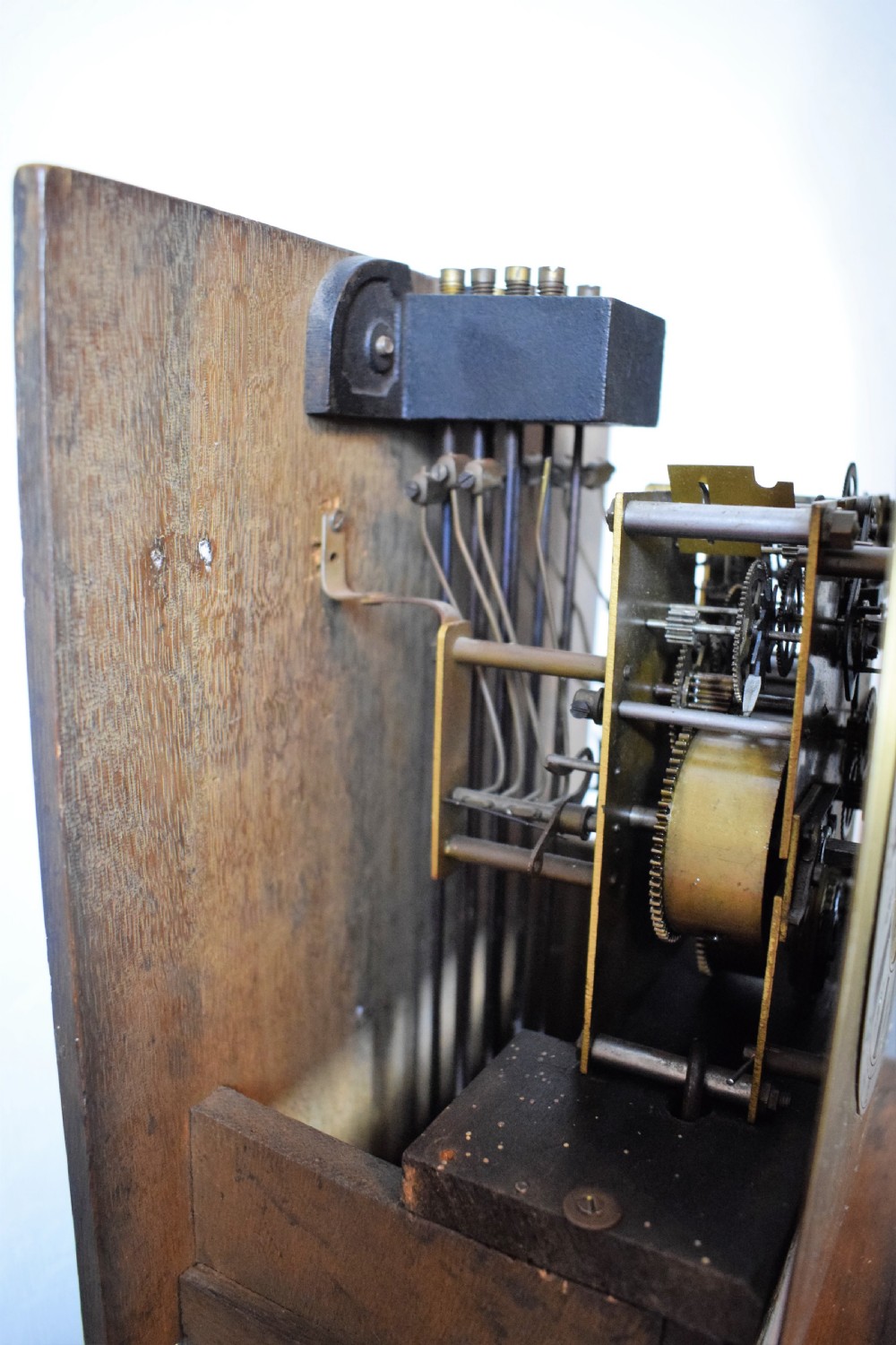 Early 20th Century Figural Walnut Dwarf Grandfather or Grandmother Westminster Chiming Musical Longcase Clock View VI