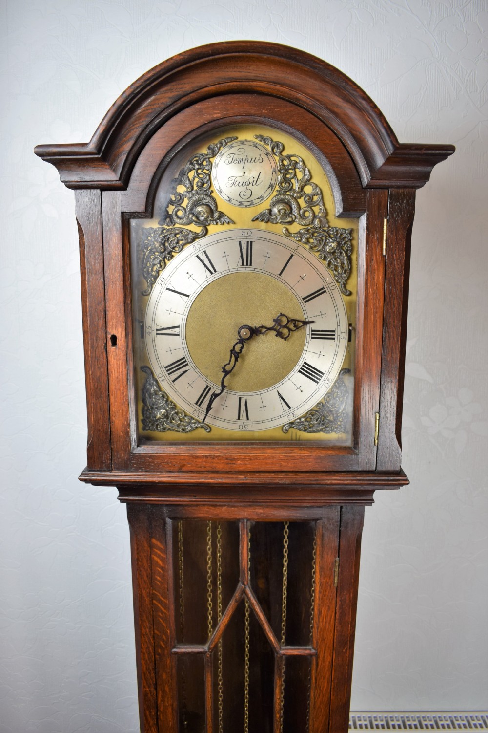 Astragal Glazed Triple Weight Oak Grandmother or Grandfather Longcase Clock with Good Quality Embee 8 Day Movement Playing Mellow Westminster Musical Chimes on Each Quarter. View II