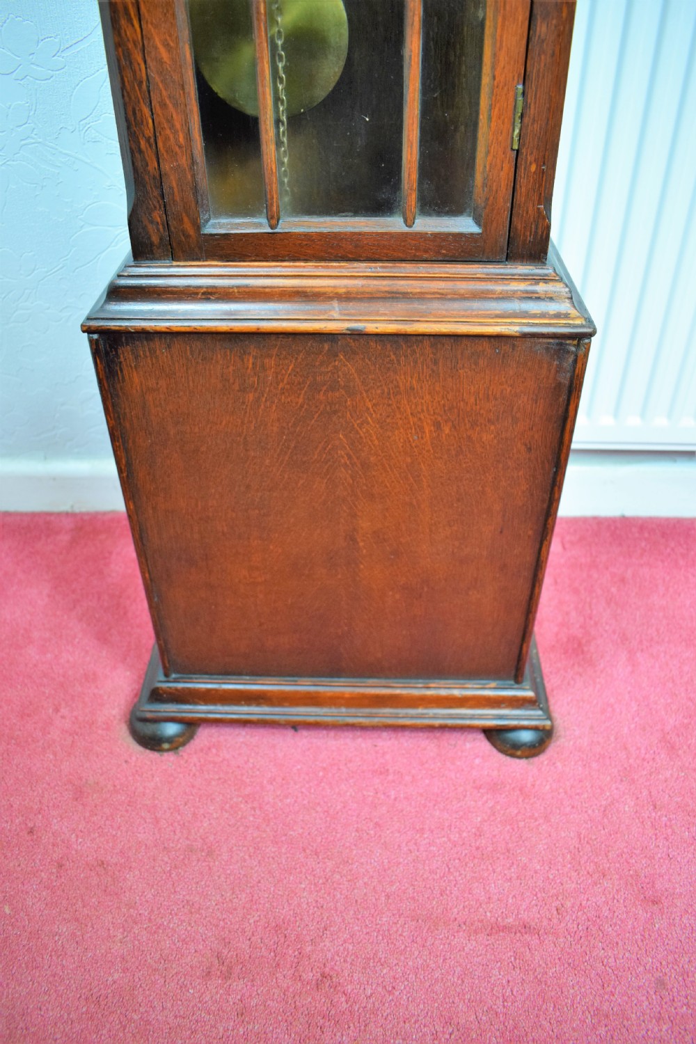Astragal Glazed Triple Weight Oak Grandmother or Grandfather Longcase Clock with Good Quality Embee 8 Day Movement Playing Mellow Westminster Musical Chimes on Each Quarter. View IV