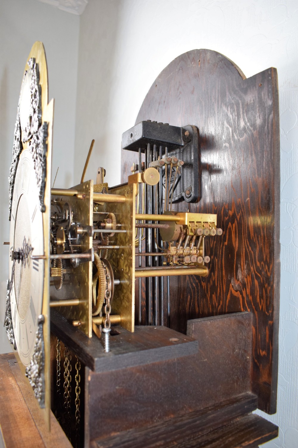 Astragal Glazed Triple Weight Oak Grandmother or Grandfather Longcase Clock with Good Quality Embee 8 Day Movement Playing Mellow Westminster Musical Chimes on Each Quarter. View VI
