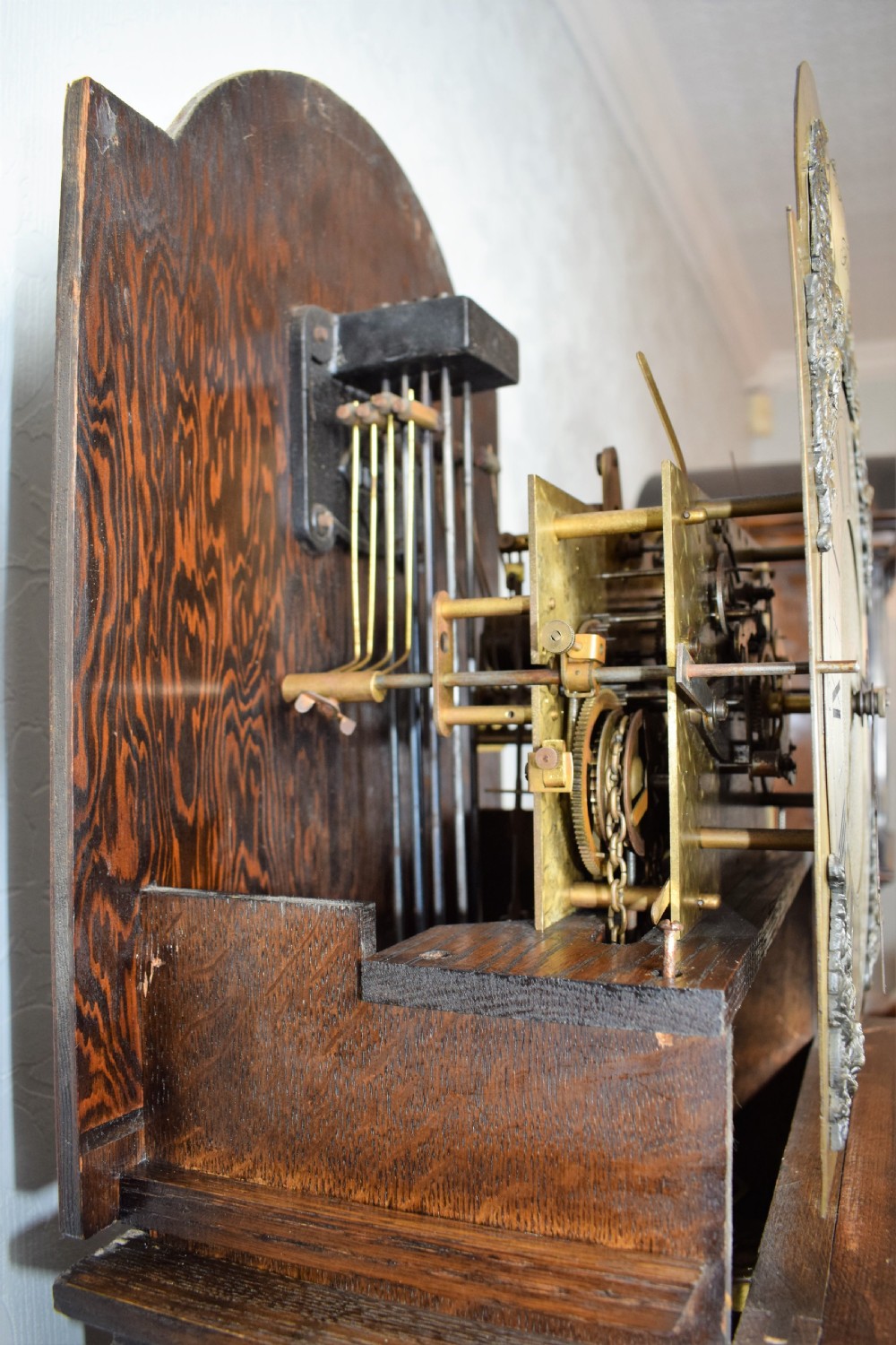 Astragal Glazed Triple Weight Oak Grandmother or Grandfather Longcase Clock with Good Quality Embee 8 Day Movement Playing Mellow Westminster Musical Chimes on Each Quarter. View VII