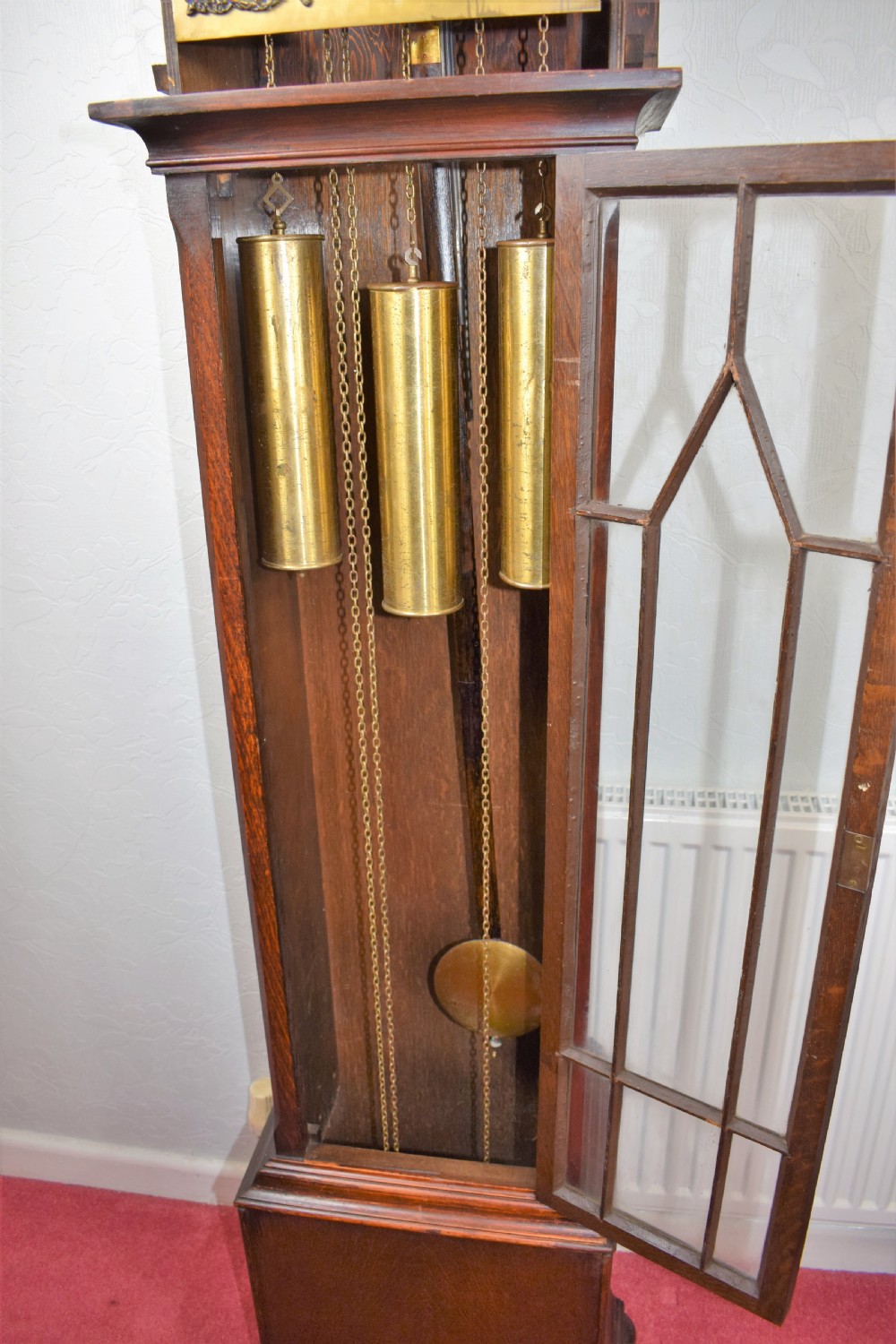 Astragal Glazed Triple Weight Oak Grandmother or Grandfather Longcase Clock with Good Quality Embee 8 Day Movement Playing Mellow Westminster Musical Chimes on Each Quarter. View VIII