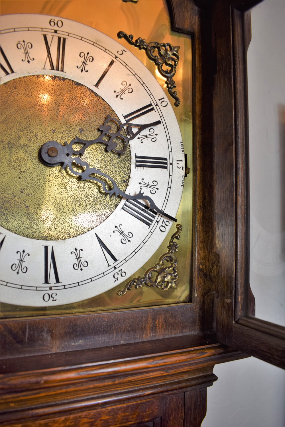 Triple Weight Oak Grandmother or Small Grandfather Longcase Clock with Mellow Westminster Musical Chimes View IV