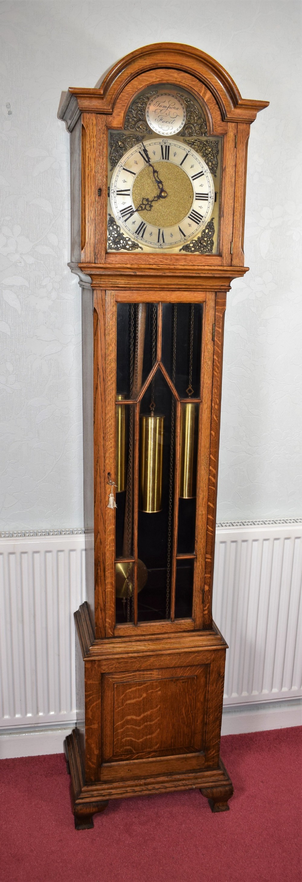 Light Oak Triple Weight Astragal Glazed Westminster Musical Quarter Mellow Chiming Grandmother or Small Grandfather Longcase Clock