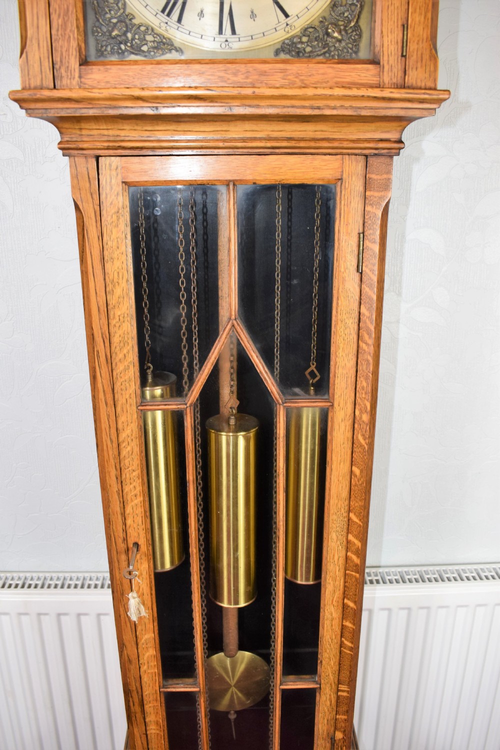 Light Oak Triple Weight Astragal Glazed Westminster Musical Quarter Mellow Chiming Grandmother or Small Grandfather Longcase Clock View III