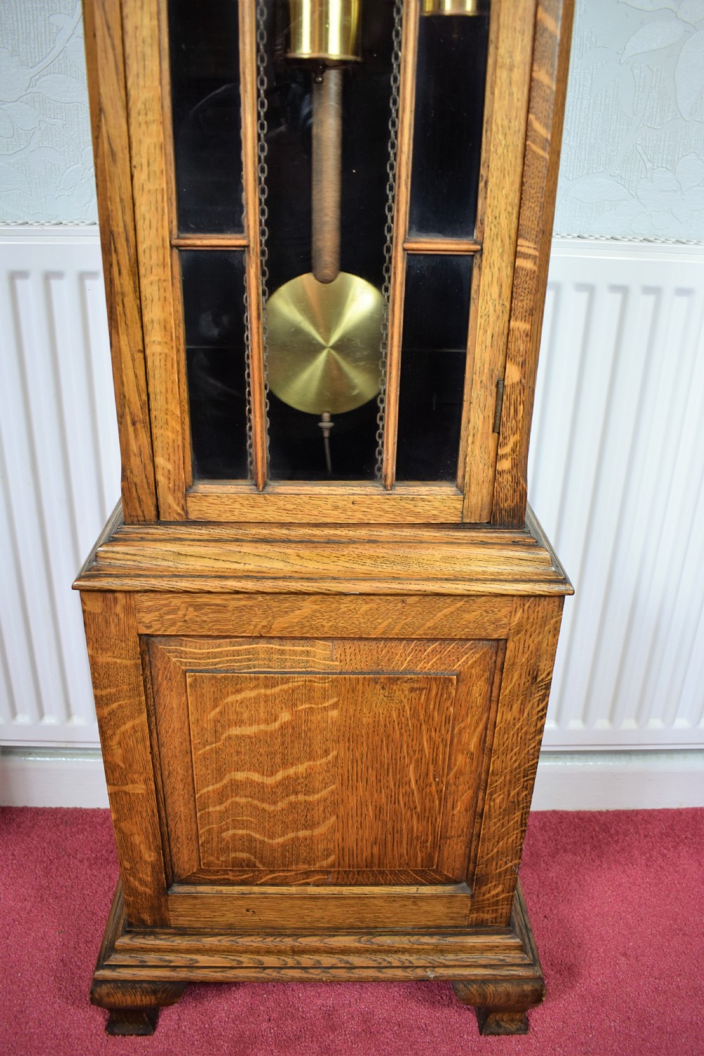 Light Oak Triple Weight Astragal Glazed Westminster Musical Quarter Mellow Chiming Grandmother or Small Grandfather Longcase Clock View IV