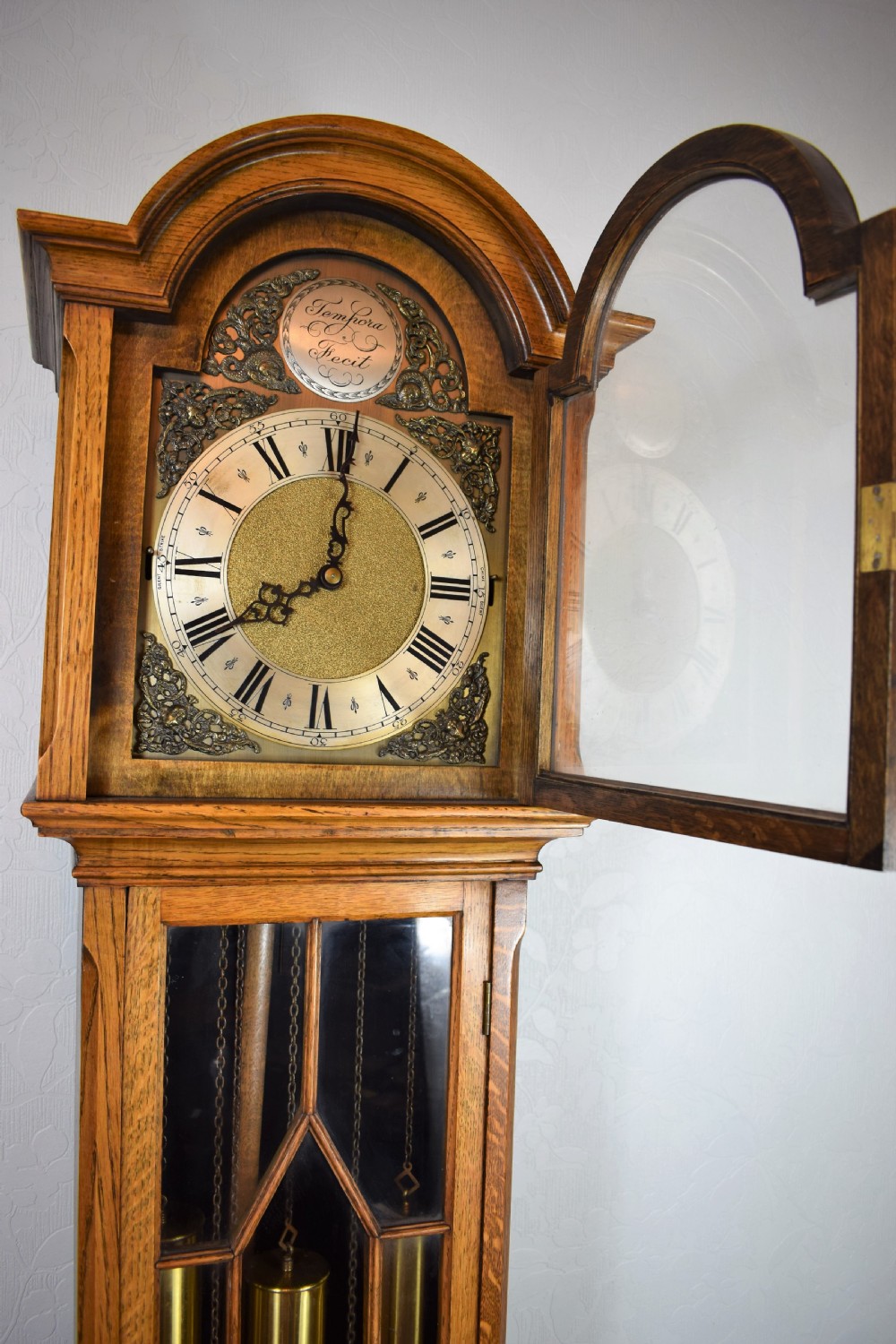 Light Oak Triple Weight Astragal Glazed Westminster Musical Quarter Mellow Chiming Grandmother or Small Grandfather Longcase Clock View VI