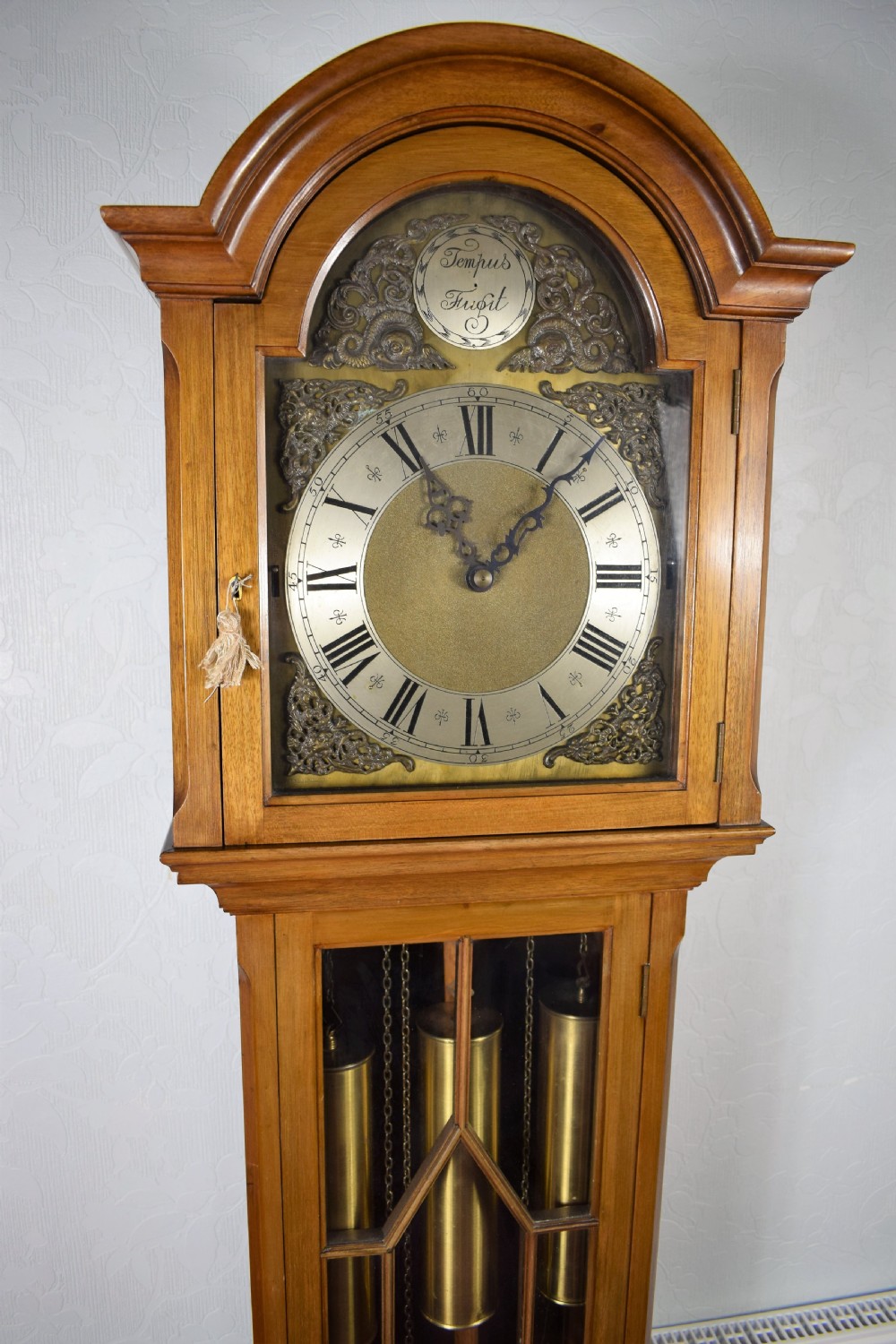 Triple Weight Walnut Westminster Chiming Musical Grandmother/Grandfather Longcase Clock with Astragal Glazed Trunk Door. View II