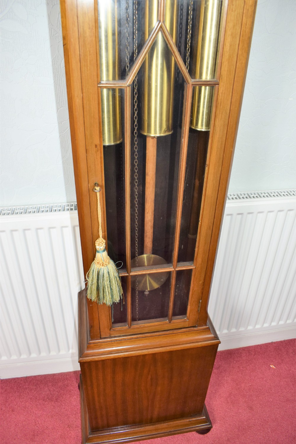 Triple Weight Walnut Westminster Chiming Musical Grandmother/Grandfather Longcase Clock with Astragal Glazed Trunk Door. View III