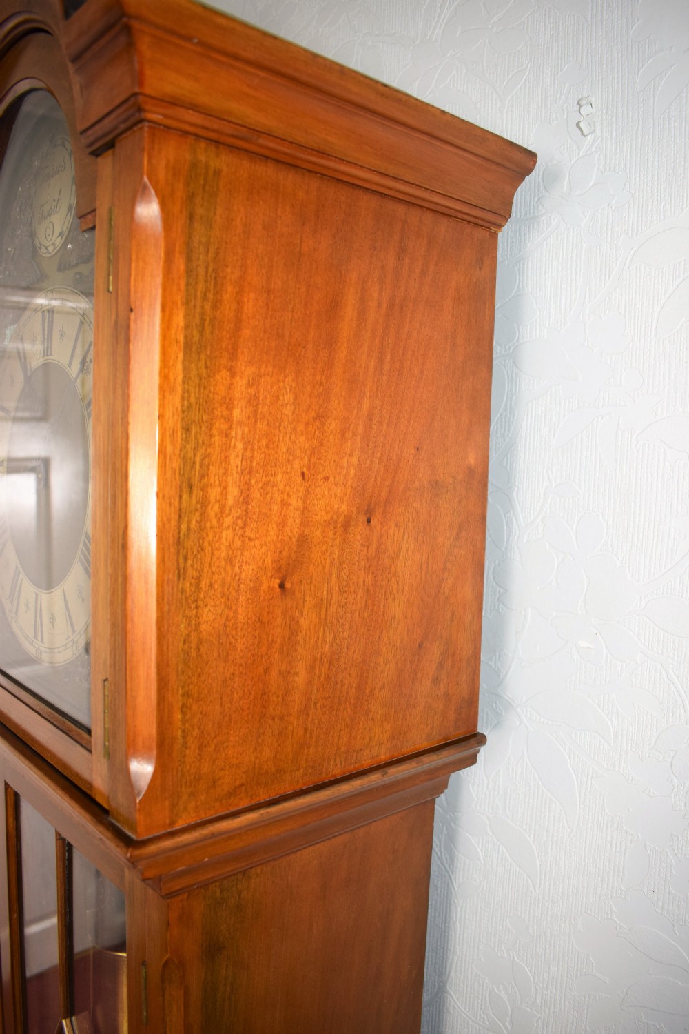 Triple Weight Walnut Westminster Chiming Musical Grandmother/Grandfather Longcase Clock with Astragal Glazed Trunk Door. View VII