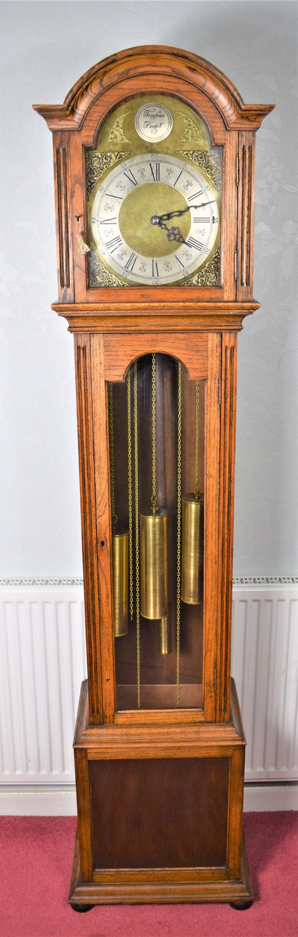 Light Honey Coloured Oak Glass Fronted Grandfather or Grandmother with British  8 Day Triple Weight Quarter Chiming Westminster Musical  Longcase Clock