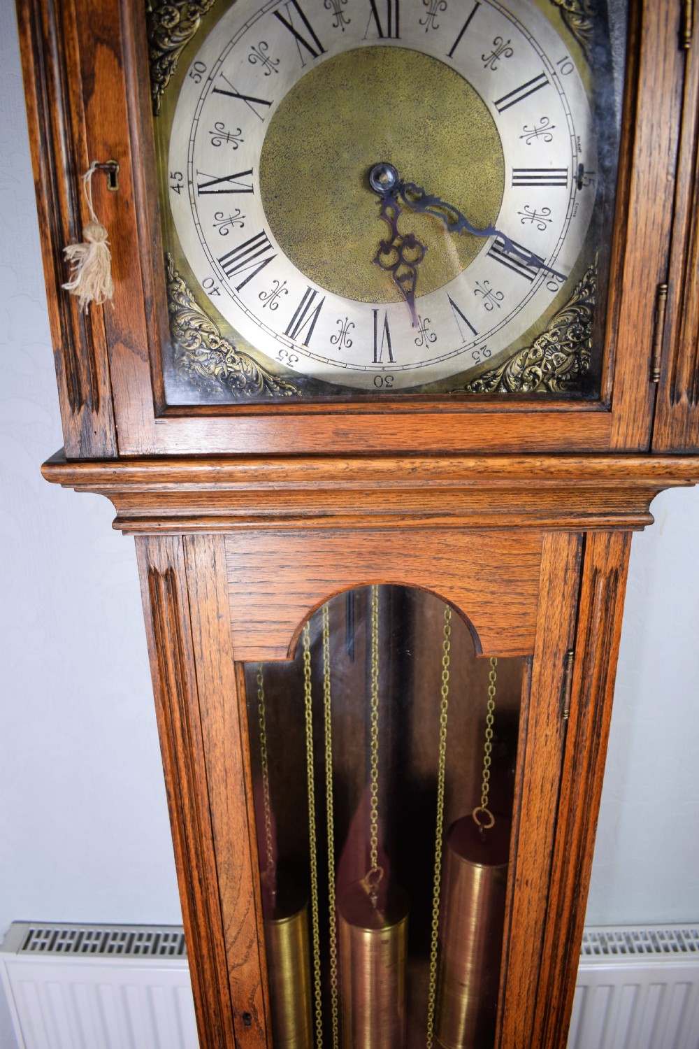 Light Honey Coloured Oak Glass Fronted Grandfather or Grandmother with British  8 Day Triple Weight Quarter Chiming Westminster Musical  Longcase Clock View III