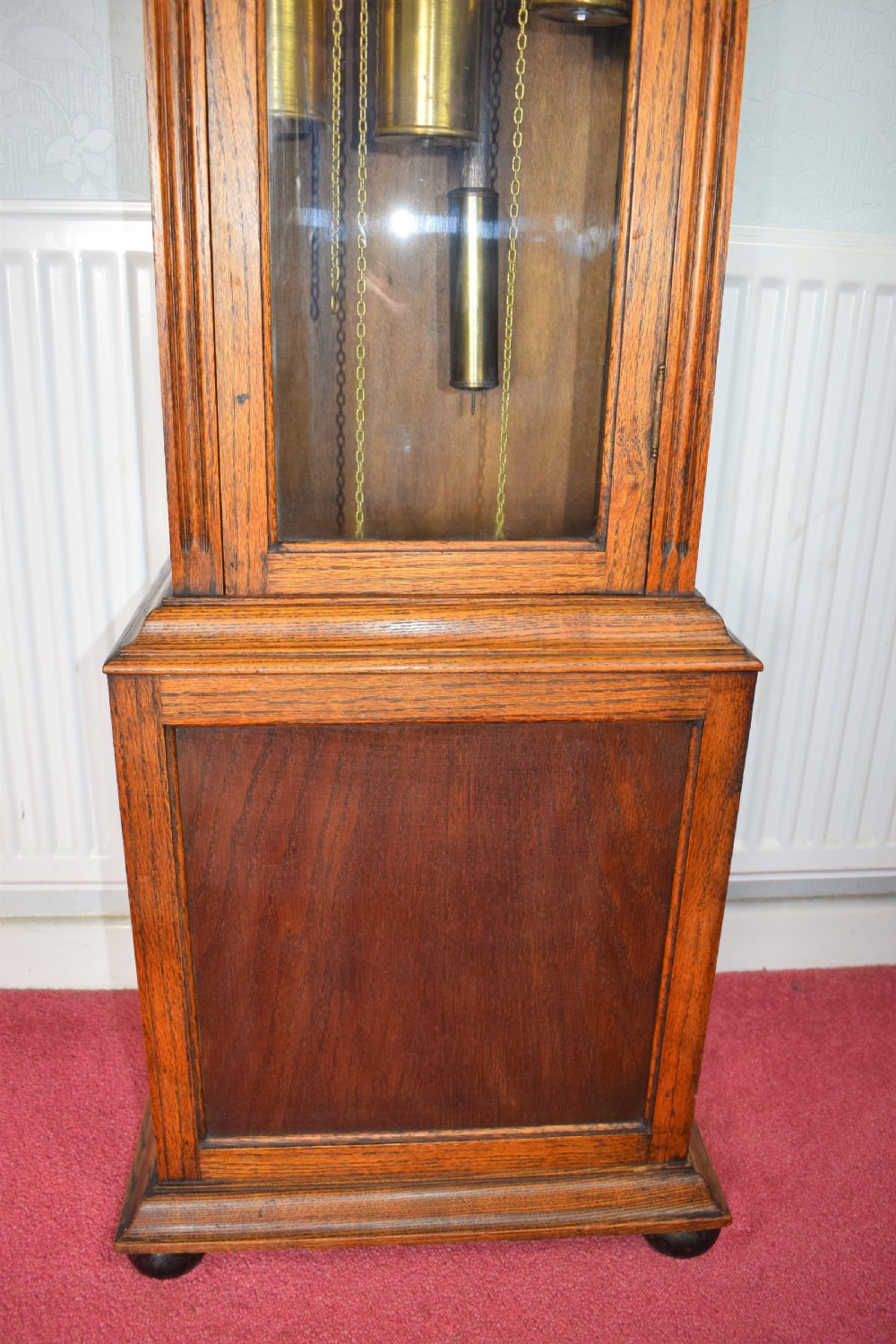 Light Honey Coloured Oak Glass Fronted Grandfather or Grandmother with British  8 Day Triple Weight Quarter Chiming Westminster Musical  Longcase Clock View IV