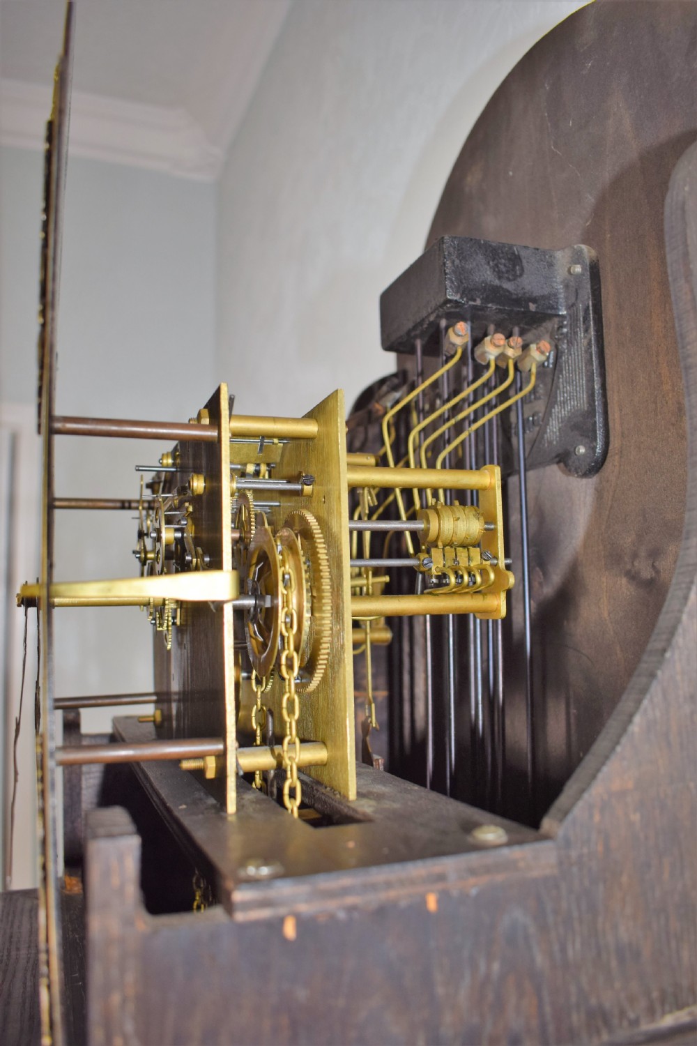 Light Honey Coloured Oak Glass Fronted Grandfather or Grandmother with British  8 Day Triple Weight Quarter Chiming Westminster Musical  Longcase Clock View V
