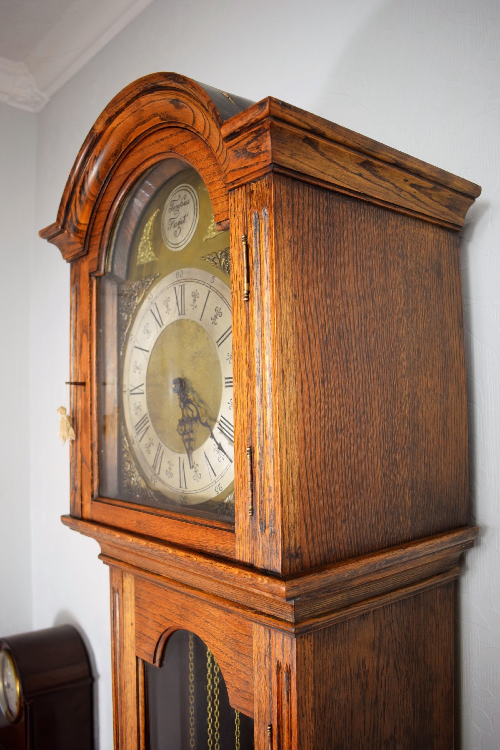 Light Honey Coloured Oak Glass Fronted Grandfather or Grandmother with British  8 Day Triple Weight Quarter Chiming Westminster Musical  Longcase Clock View IX