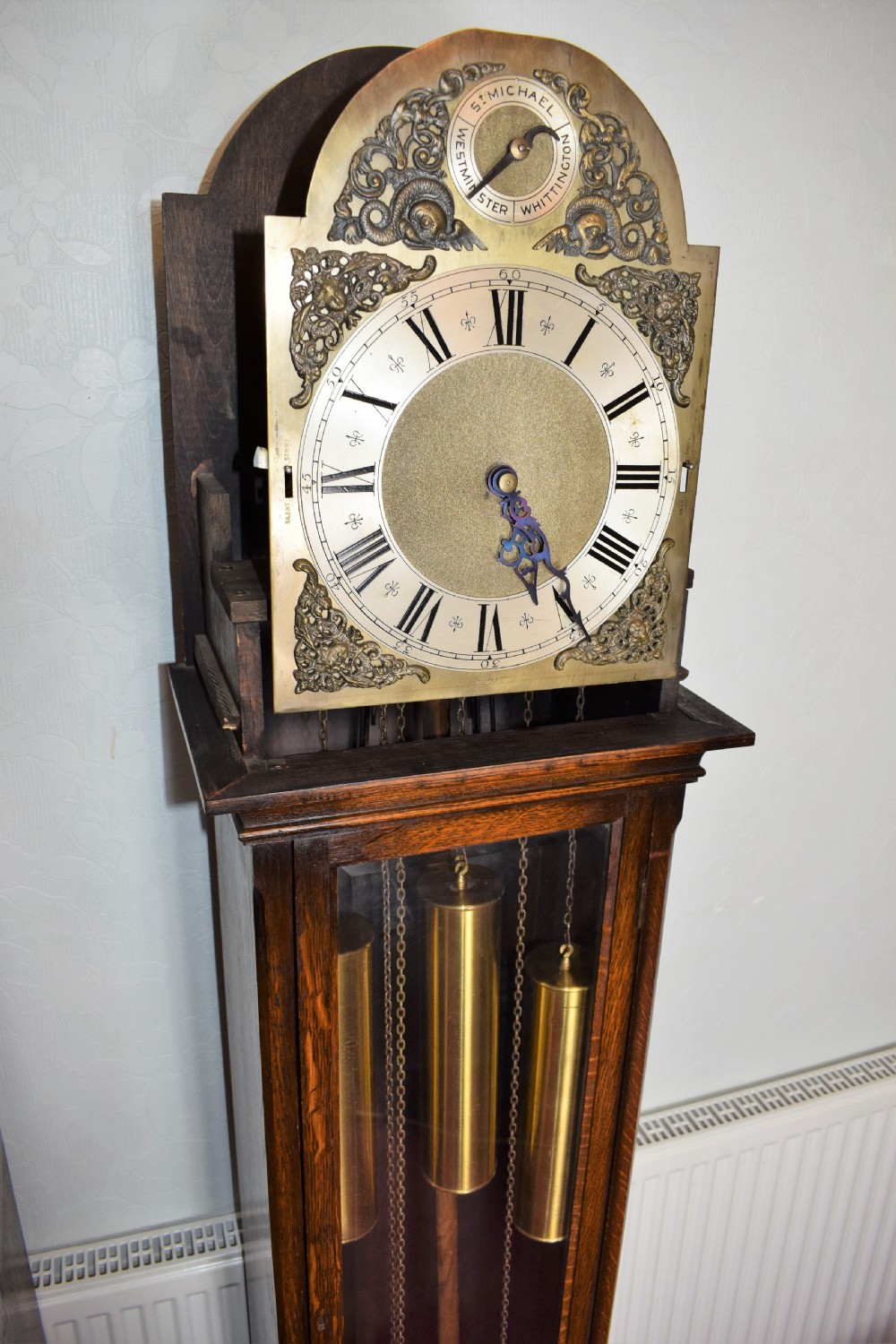 Triple Weight - Triple Mellow Tunes on 8 + 4 Gongs - English Warm Mid Oak Grandmother (73.5in) or Grandfather Longcase Clock with Beveled Glazed Trunk Door & Good Quality German Peerless/Embee Movement  View II