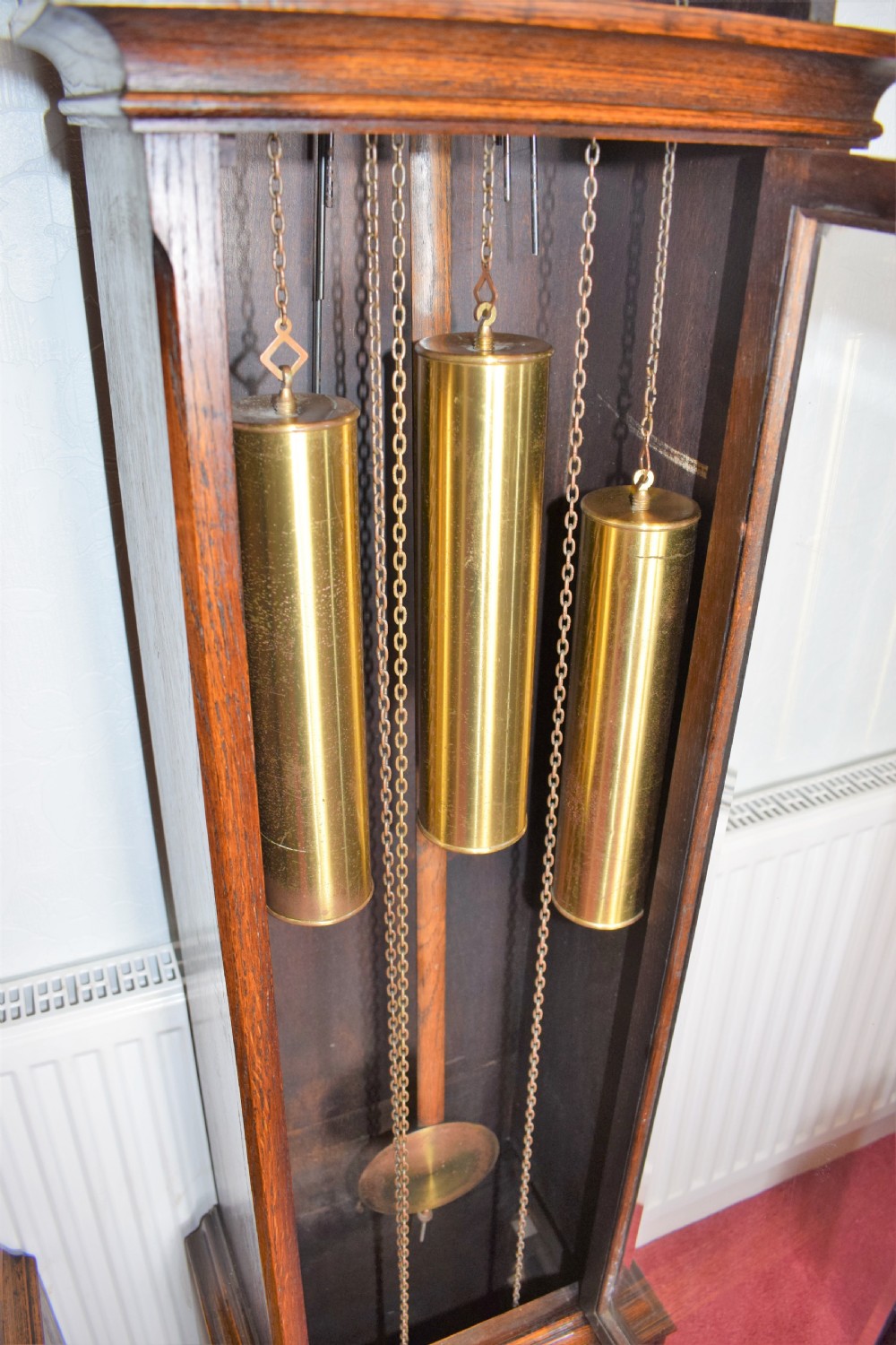 Triple Weight - Triple Mellow Tunes on 8 + 4 Gongs - English Warm Mid Oak Grandmother (73.5in) or Grandfather Longcase Clock with Beveled Glazed Trunk Door & Good Quality German Peerless/Embee Movement  View III