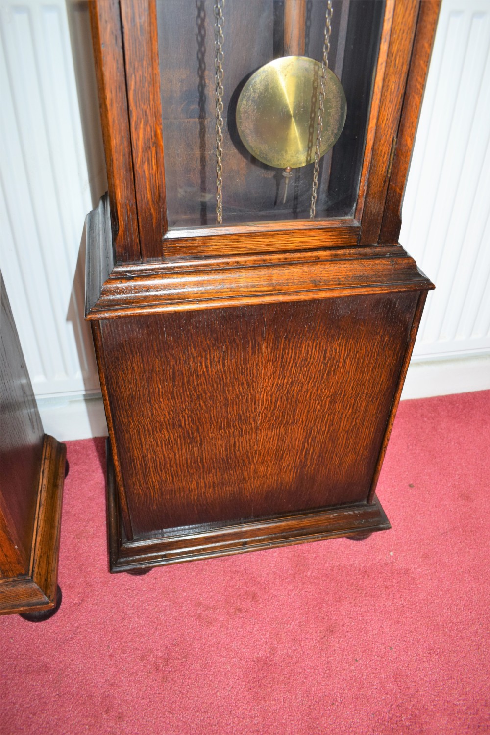 Triple Weight - Triple Mellow Tunes on 8 + 4 Gongs - English Warm Mid Oak Grandmother (73.5in) or Grandfather Longcase Clock with Beveled Glazed Trunk Door & Good Quality German Peerless/Embee Movement  View IV