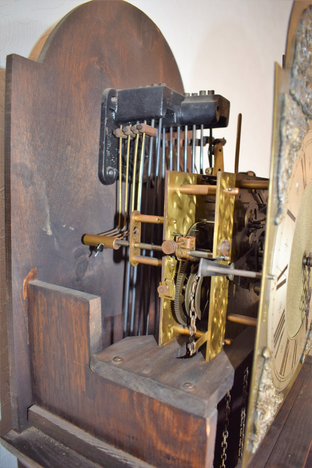 Triple Weight - Triple Mellow Tunes on 8 + 4 Gongs - English Warm Mid Oak Grandmother (73.5in) or Grandfather Longcase Clock with Beveled Glazed Trunk Door & Good Quality German Peerless/Embee Movement  View V