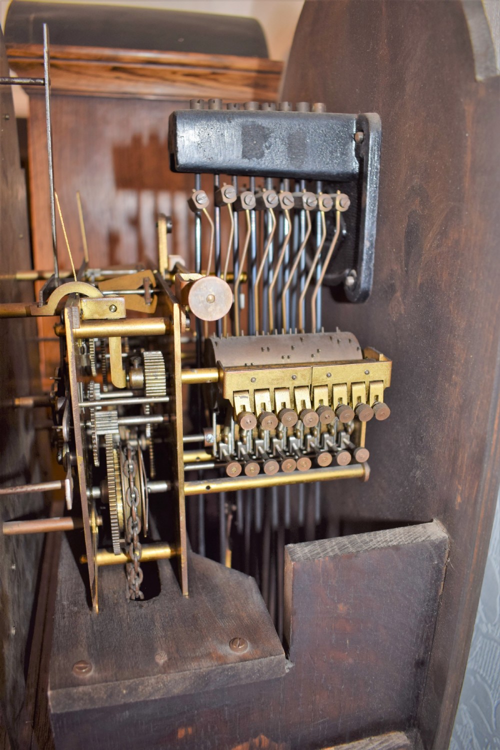 Triple Weight - Triple Mellow Tunes on 8 + 4 Gongs - English Warm Mid Oak Grandmother (73.5in) or Grandfather Longcase Clock with Beveled Glazed Trunk Door & Good Quality German Peerless/Embee Movement  View VI