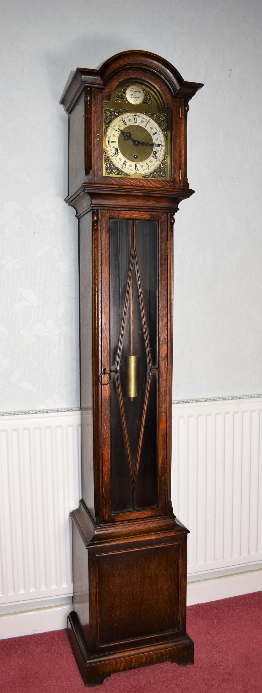 Charming Dwarf  (67.5in) Grandfather or Grandmother Oak Longcase Clock with Astragal Glazed Door. 3 Train 8 Day Movement with Twin Musical Chimes  