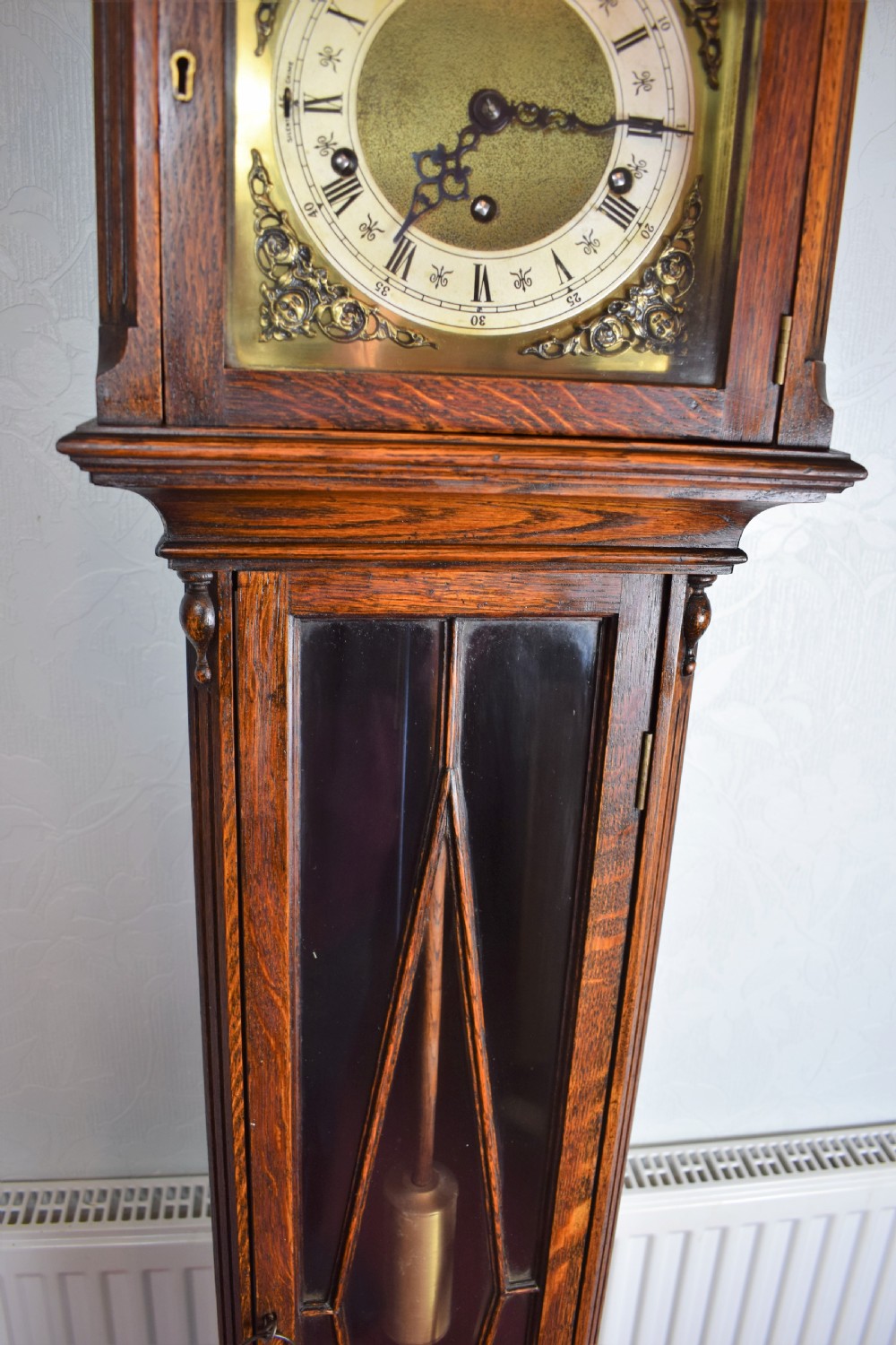 Charming Dwarf  (67.5in) Grandfather or Grandmother Oak Longcase Clock with Astragal Glazed Door. 3 Train 8 Day Movement with Twin Musical Chimes   View II