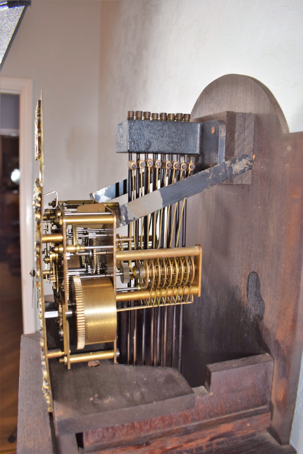 Charming Dwarf  (67.5in) Grandfather or Grandmother Oak Longcase Clock with Astragal Glazed Door. 3 Train 8 Day Movement with Twin Musical Chimes   View VI