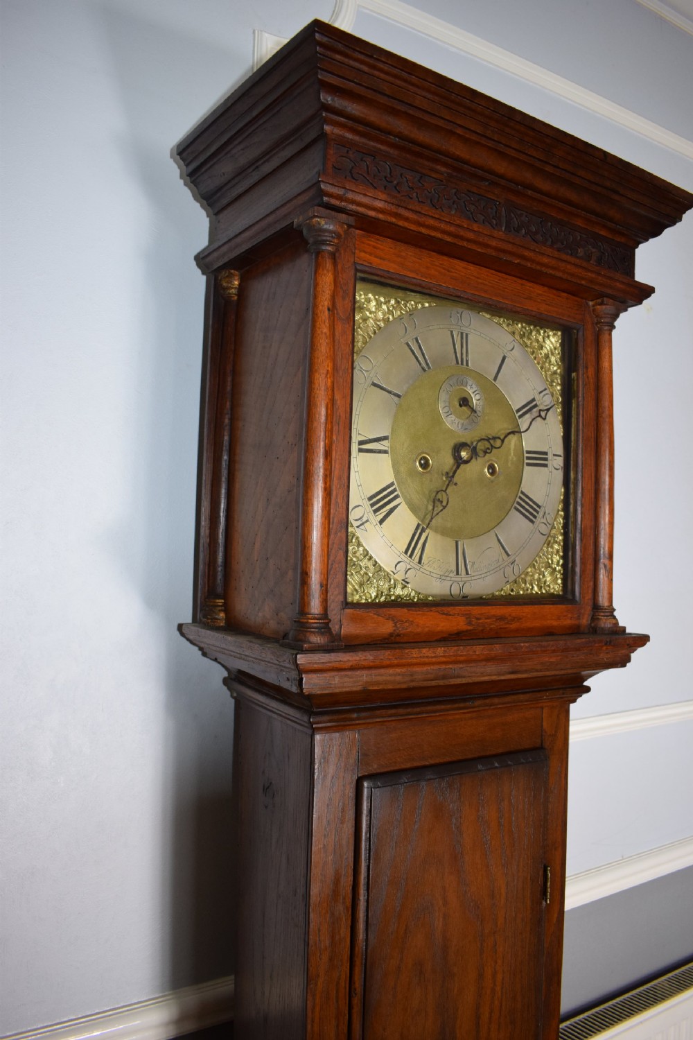Small (76in) 8 Day Bell Striking Oak Grandfather or Grandmother Longcase Clock Circa 1780 by John Higgs of Wallingford View V