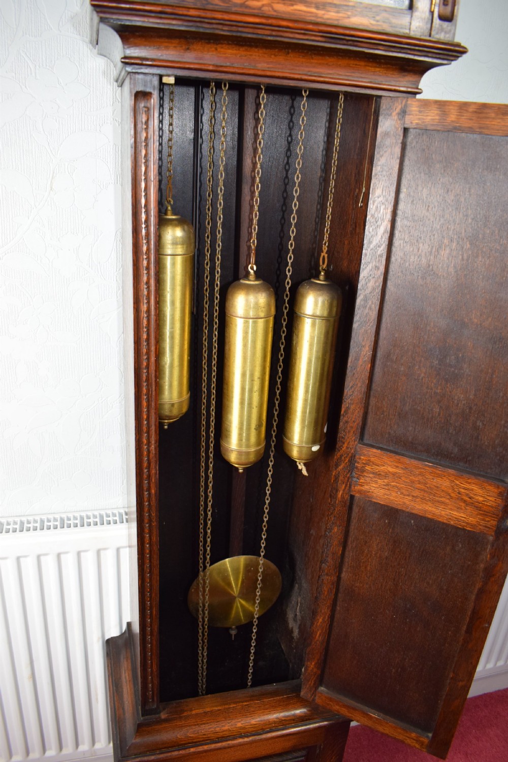 Attractive Mellow Sounding Triple Weight Westminster Musical Chiming Oak Grandmother or Grandfather Longcase Clock (Please Listen to Video) View IX