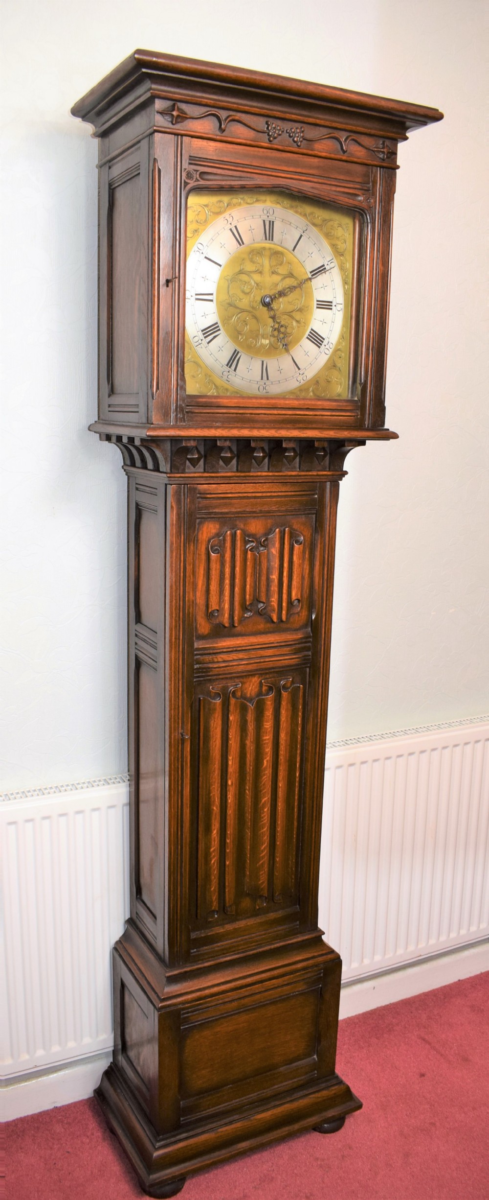 Early 20th Century Linenfold Decorated Oak Grandfather Longcase Clock with Good Quality EMBE Triple Weight Musical Westminster Quarter Chiming 