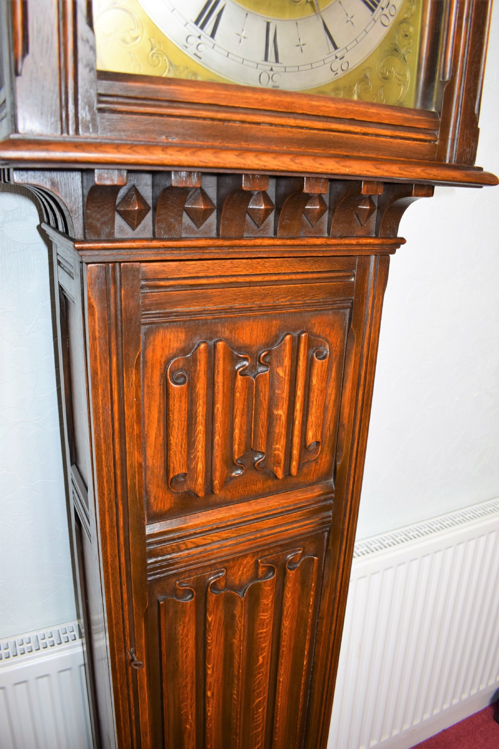 Early 20th Century Linenfold Decorated Oak Grandfather Longcase Clock with Good Quality EMBE Triple Weight Musical Westminster Quarter Chiming  View II