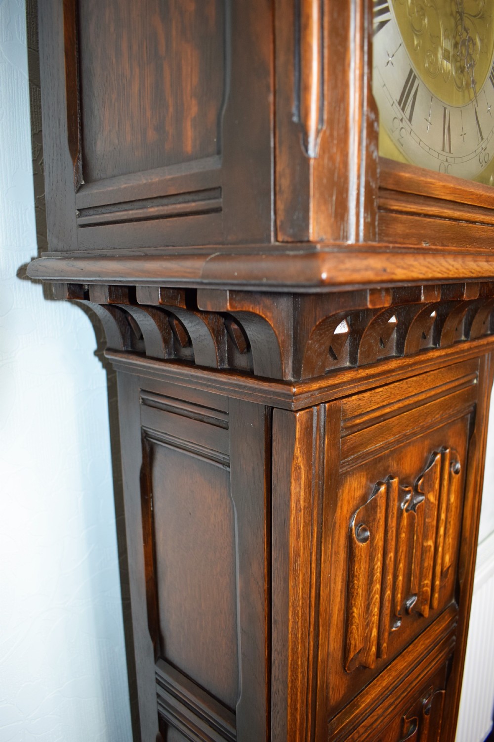 Early 20th Century Linenfold Decorated Oak Grandfather Longcase Clock with Good Quality EMBE Triple Weight Musical Westminster Quarter Chiming  View III