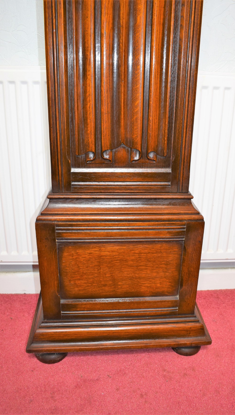 Early 20th Century Linenfold Decorated Oak Grandfather Longcase Clock with Good Quality EMBE Triple Weight Musical Westminster Quarter Chiming  View IV