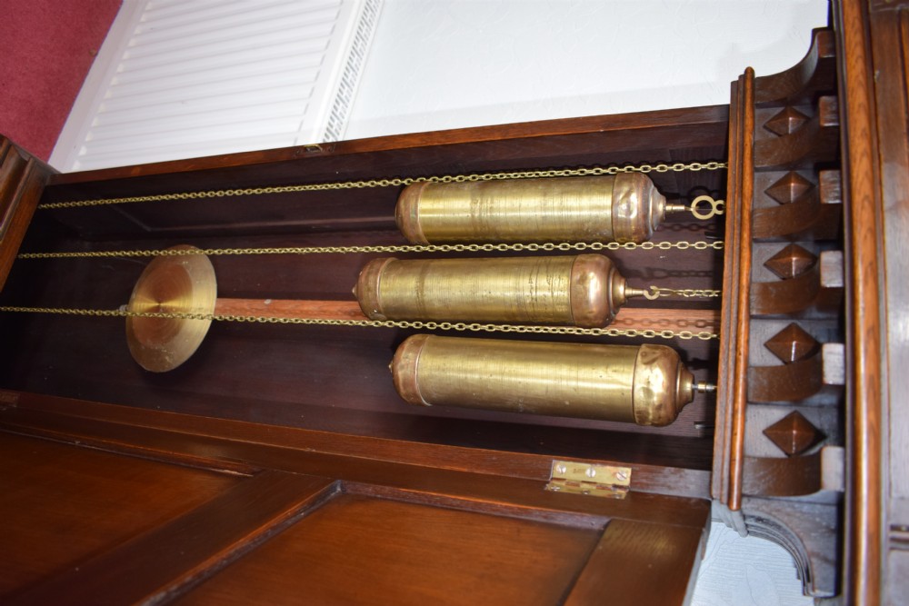 Early 20th Century Linenfold Decorated Oak Grandfather Longcase Clock with Good Quality EMBE Triple Weight Musical Westminster Quarter Chiming  View VI