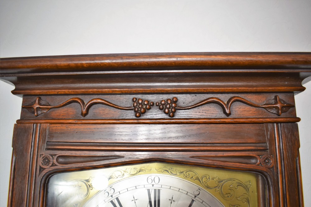 Early 20th Century Linenfold Decorated Oak Grandfather Longcase Clock with Good Quality EMBE Triple Weight Musical Westminster Quarter Chiming  View VII
