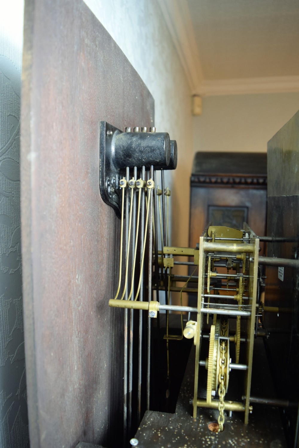 Early 20th Century Linenfold Decorated Oak Grandfather Longcase Clock with Good Quality EMBE Triple Weight Musical Westminster Quarter Chiming  View IX
