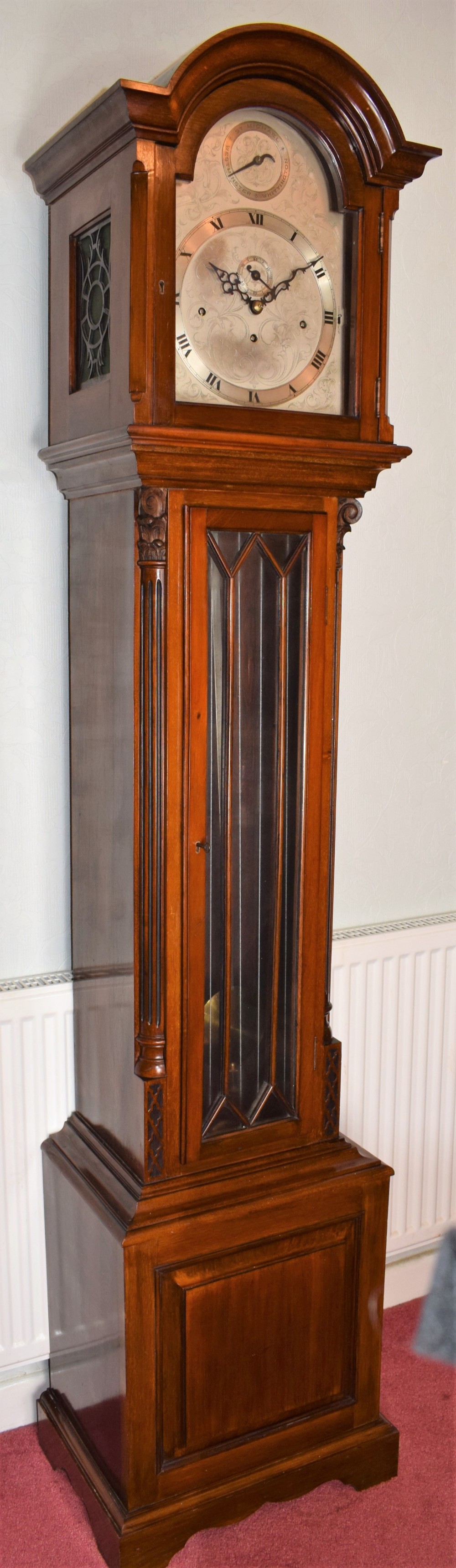 Regulator Quality Fine Mahogany Astragal Glazed Grandmother or Grandfather Longcase Clock with Peerless Maintaining Power Cable Triple Weight Driven Triple Musical Tune 8 Day Movement