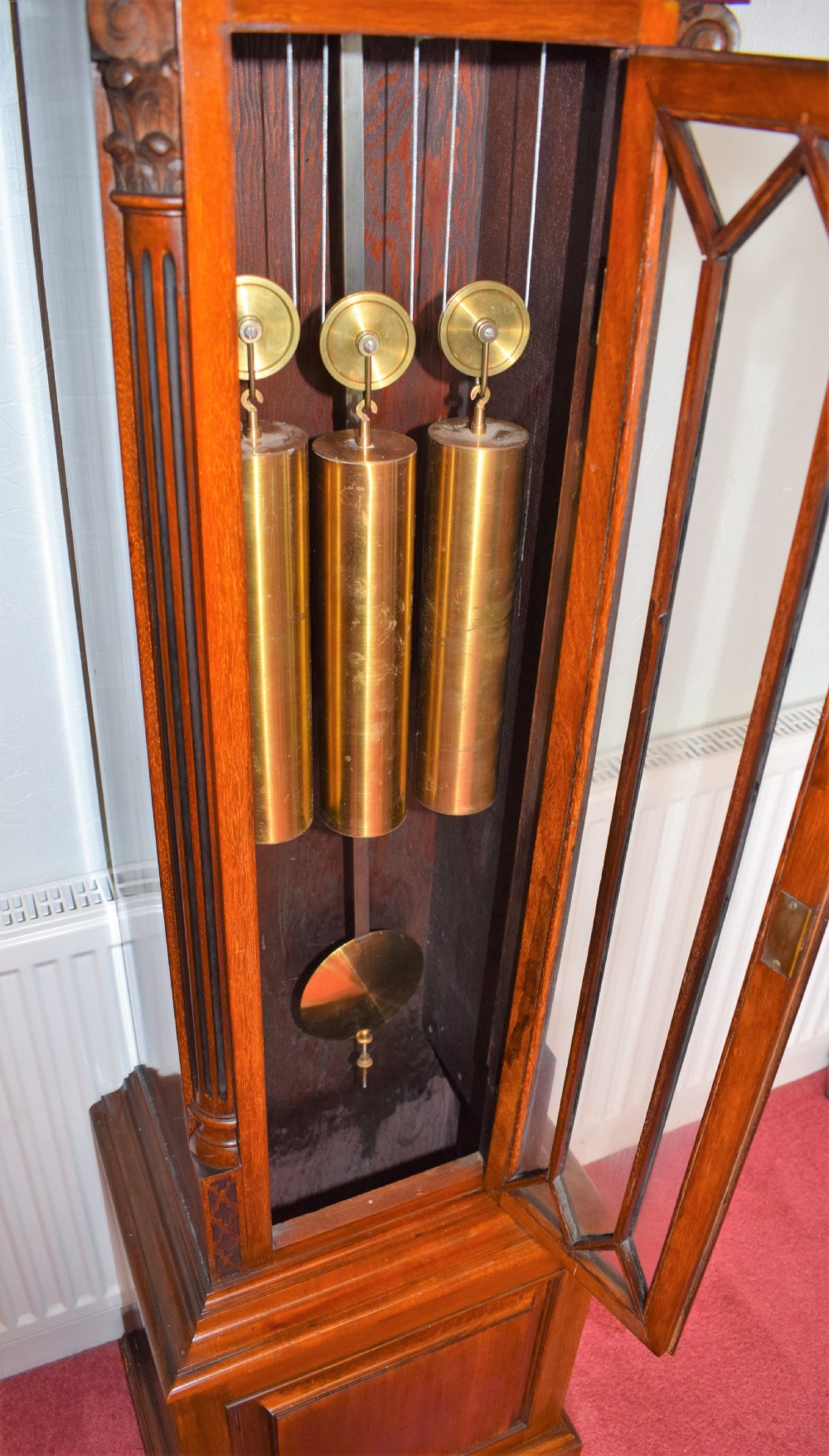 Regulator Quality Fine Mahogany Astragal Glazed Grandmother or Grandfather Longcase Clock with Peerless Maintaining Power Cable Triple Weight Driven Triple Musical Tune 8 Day Movement View IV