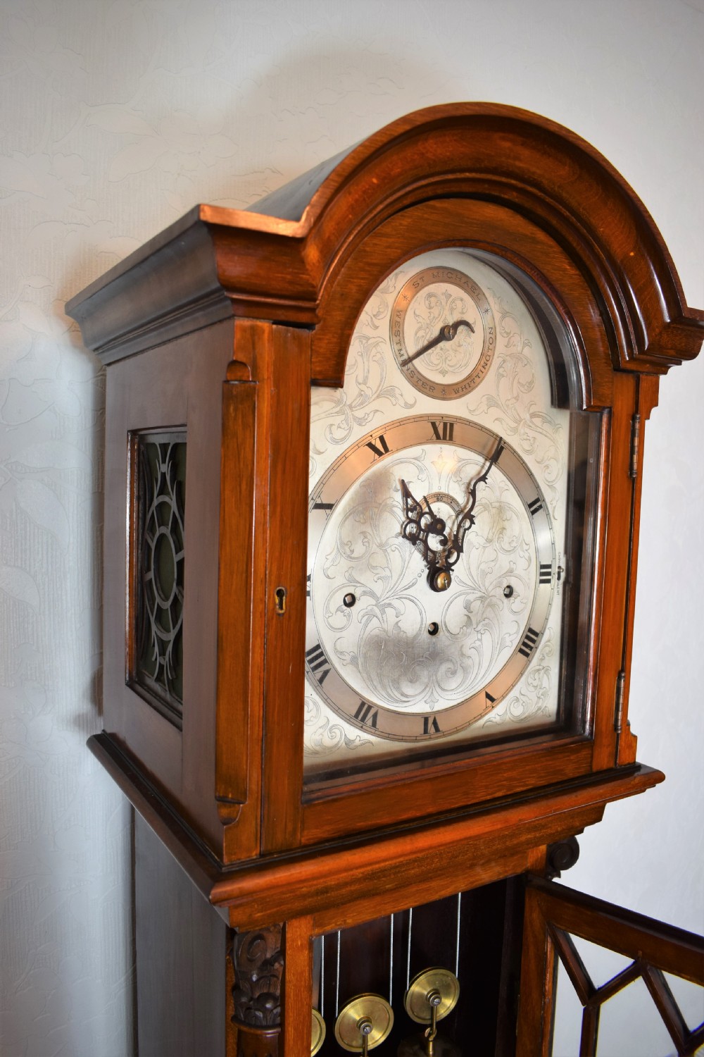 Regulator Quality Fine Mahogany Astragal Glazed Grandmother or Grandfather Longcase Clock with Peerless Maintaining Power Cable Triple Weight Driven Triple Musical Tune 8 Day Movement View VIII