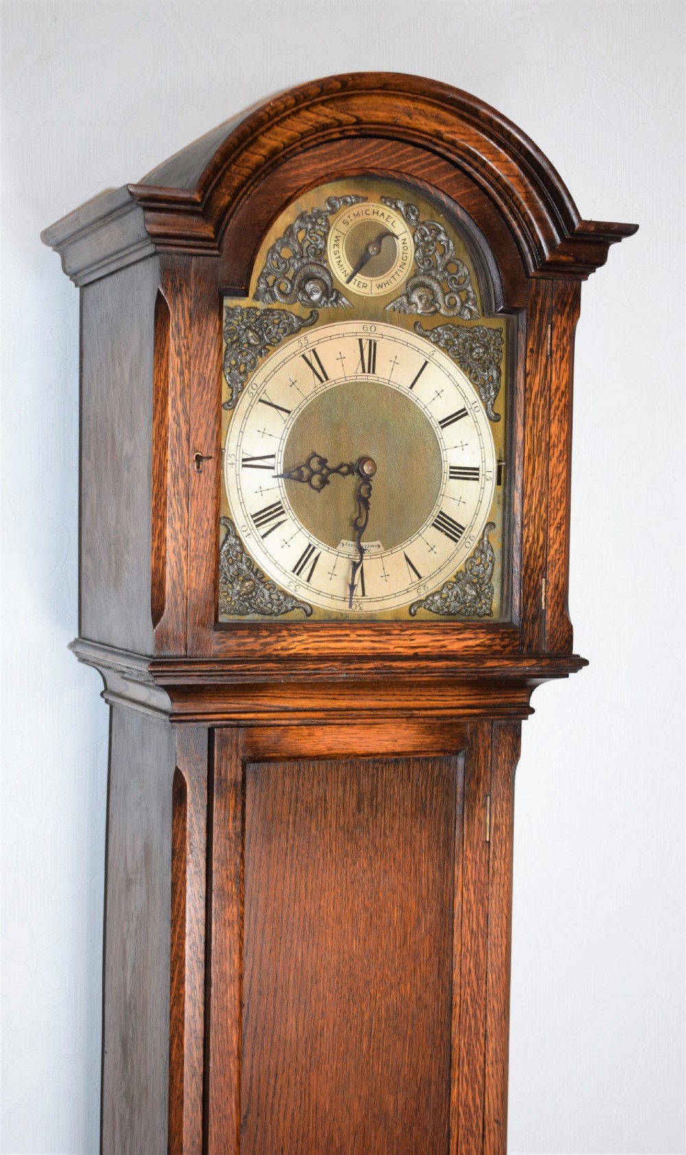 Good Peerless 8 Day Triple Chiming Musical Triple Weight Grandmother/Grandfather Longcase Oak Clock - Silent Levers View II