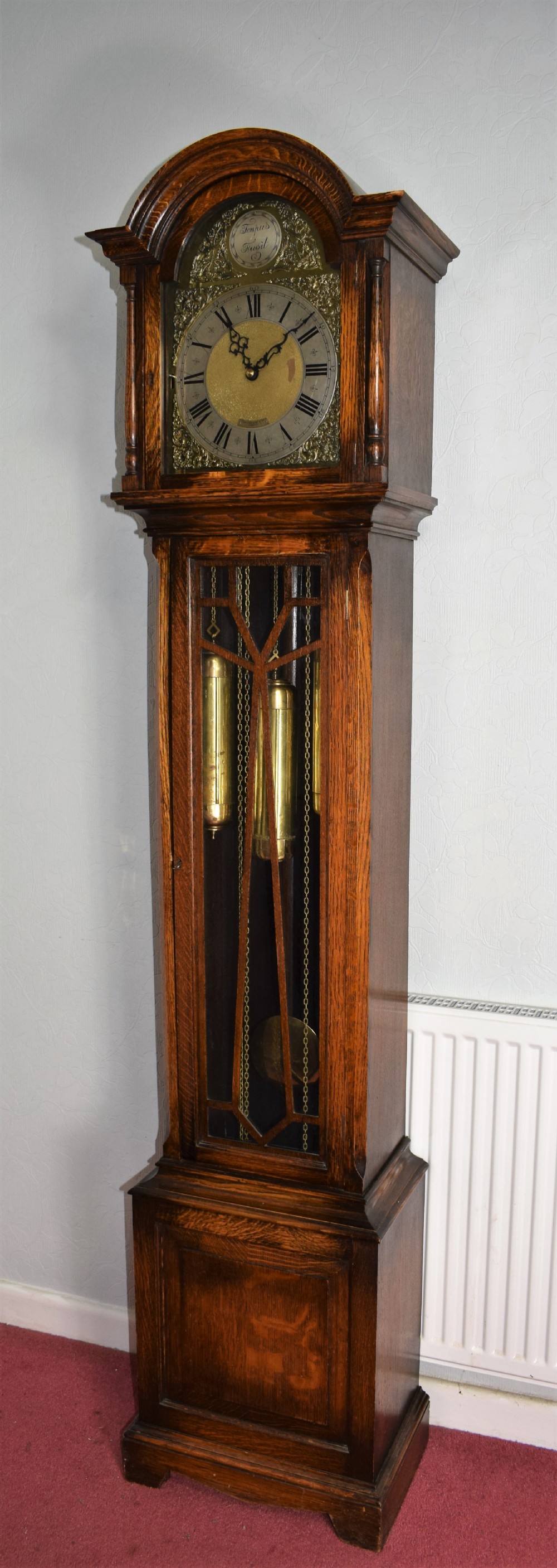 Camerer Cuss Triple Weight Musical Chiming Grandmother or Grandfather Oak Longcase Clock with Glazed Trunk Door and Peerless Embee 8 Day Movement. (Video Available to hear Chimes on Request.)