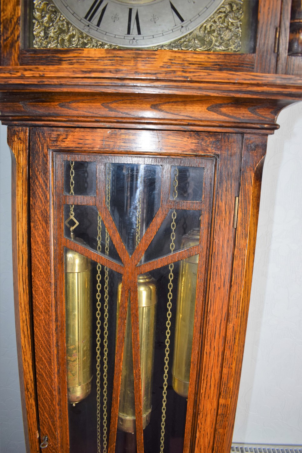 Camerer Cuss Triple Weight Musical Chiming Grandmother or Grandfather Oak Longcase Clock with Glazed Trunk Door and Peerless Embee 8 Day Movement. (Video Available to hear Chimes on Request.) View II