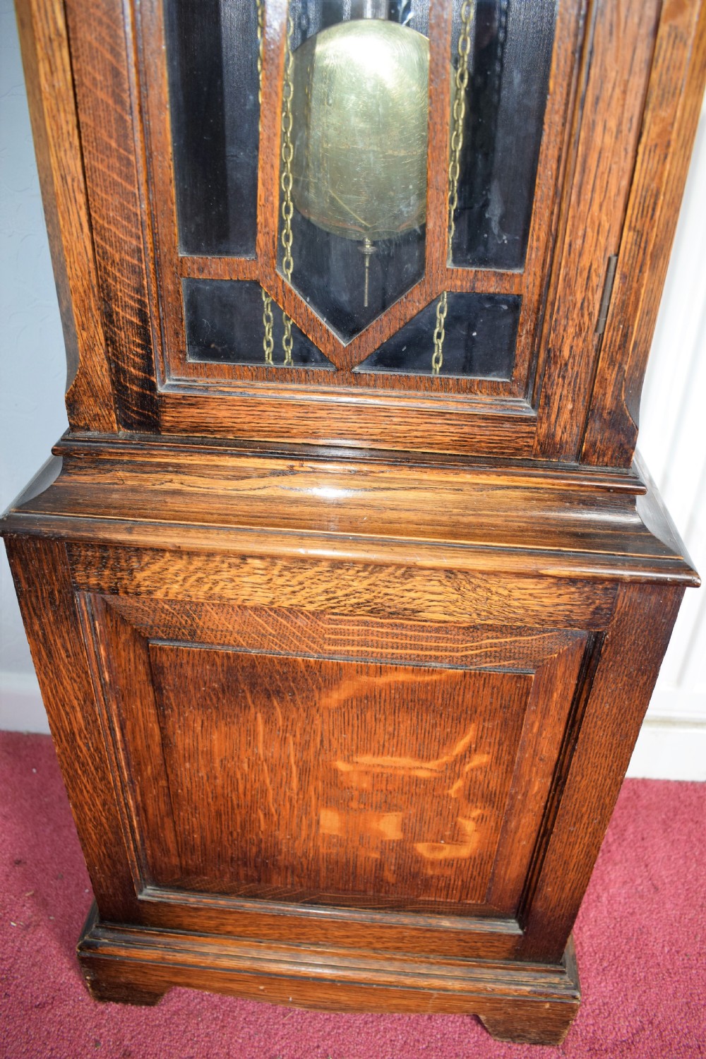 Camerer Cuss Triple Weight Musical Chiming Grandmother or Grandfather Oak Longcase Clock with Glazed Trunk Door and Peerless Embee 8 Day Movement. (Video Available to hear Chimes on Request.) View III