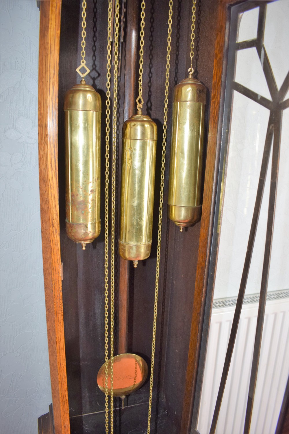 Camerer Cuss Triple Weight Musical Chiming Grandmother or Grandfather Oak Longcase Clock with Glazed Trunk Door and Peerless Embee 8 Day Movement. (Video Available to hear Chimes on Request.) View IV