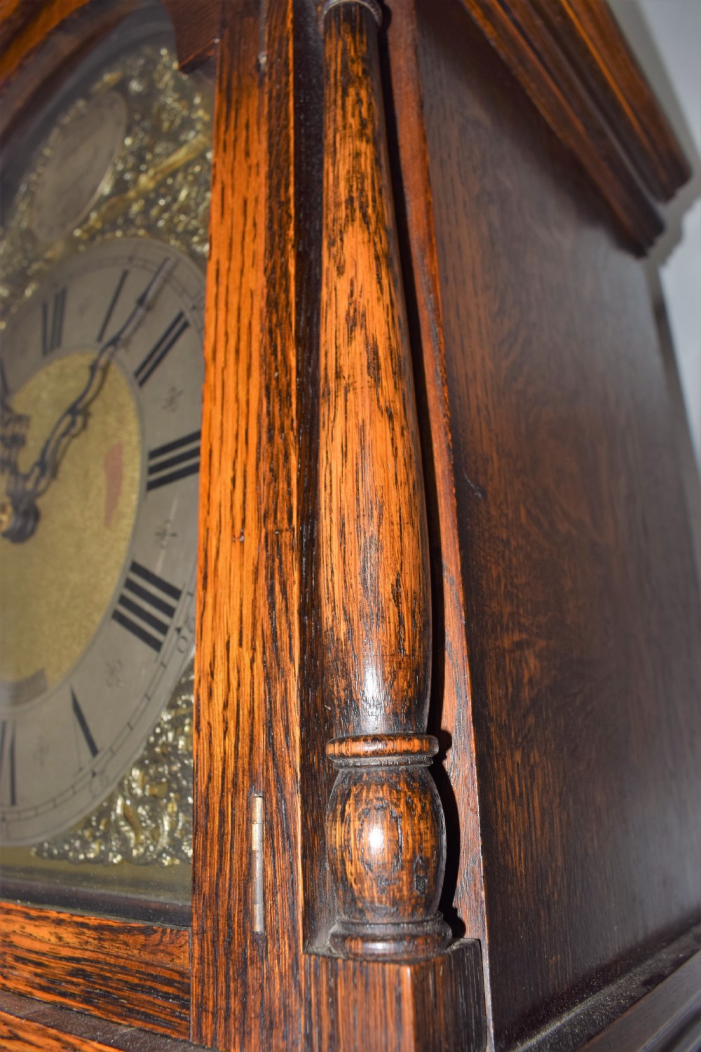 Camerer Cuss Triple Weight Musical Chiming Grandmother or Grandfather Oak Longcase Clock with Glazed Trunk Door and Peerless Embee 8 Day Movement. (Video Available to hear Chimes on Request.) View V