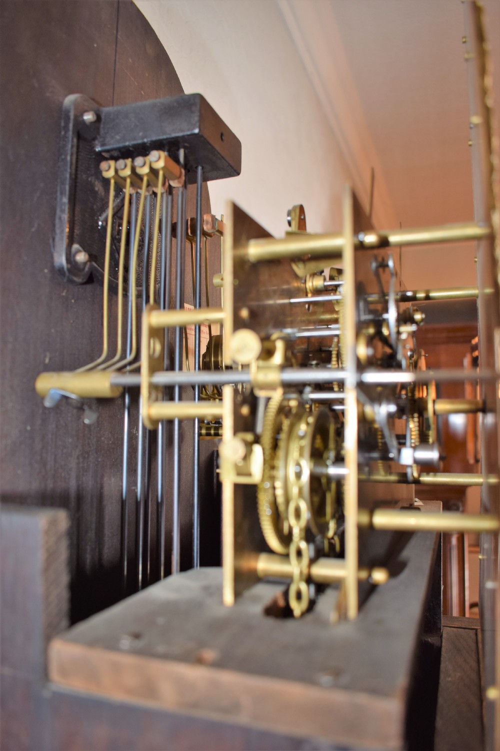 Camerer Cuss Triple Weight Musical Chiming Grandmother or Grandfather Oak Longcase Clock with Glazed Trunk Door and Peerless Embee 8 Day Movement. (Video Available to hear Chimes on Request.) View VIII