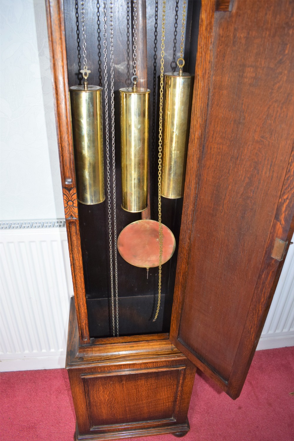 Attractive Twin Tune Musical Triple Weight Grandmother or Grandfather Oak Longcase Clock by Norland of England (Video of Chimes Available upon Request) View IV