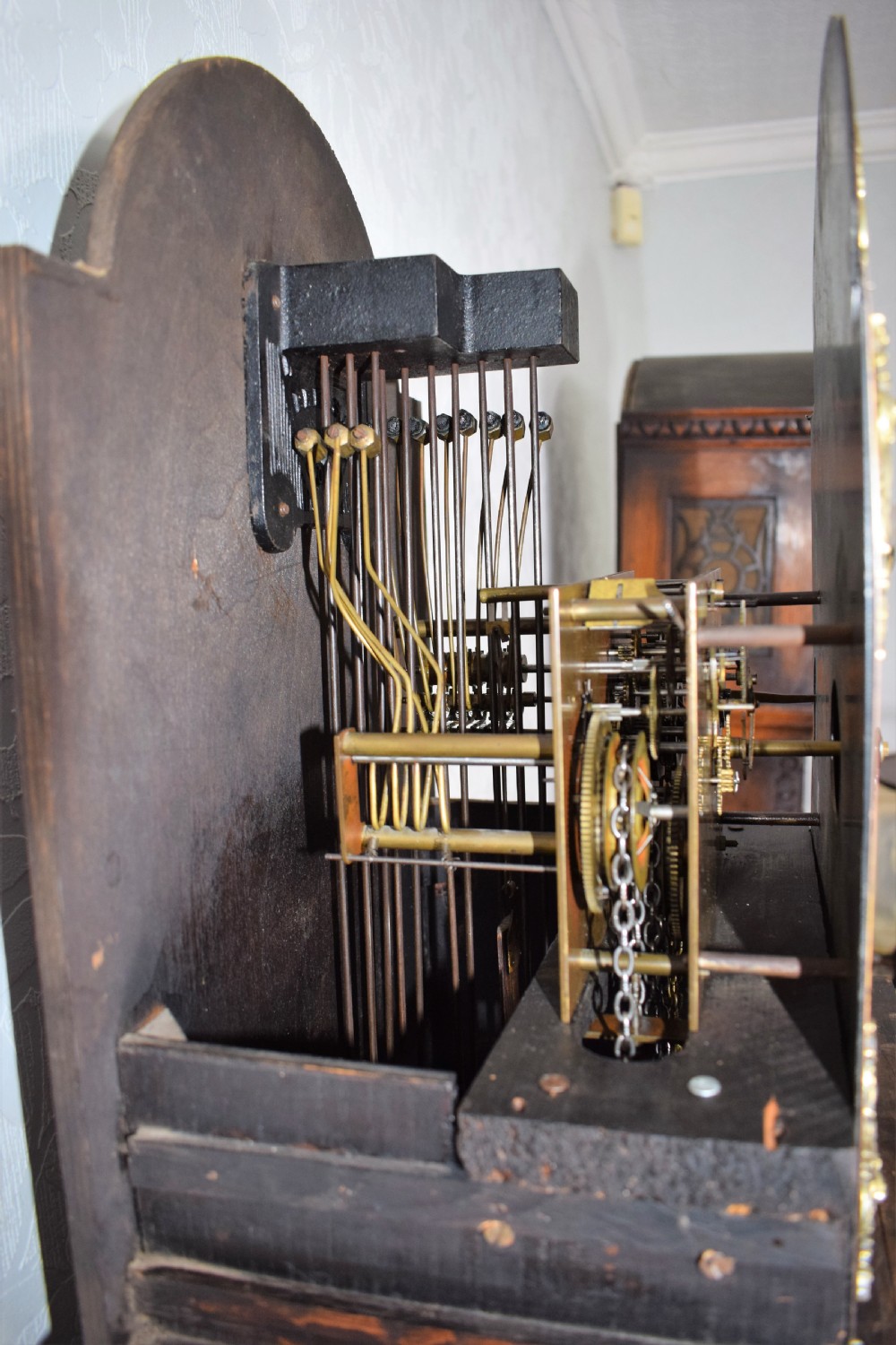 Attractive Twin Tune Musical Triple Weight Grandmother or Grandfather Oak Longcase Clock by Norland of England (Video of Chimes Available upon Request) View V